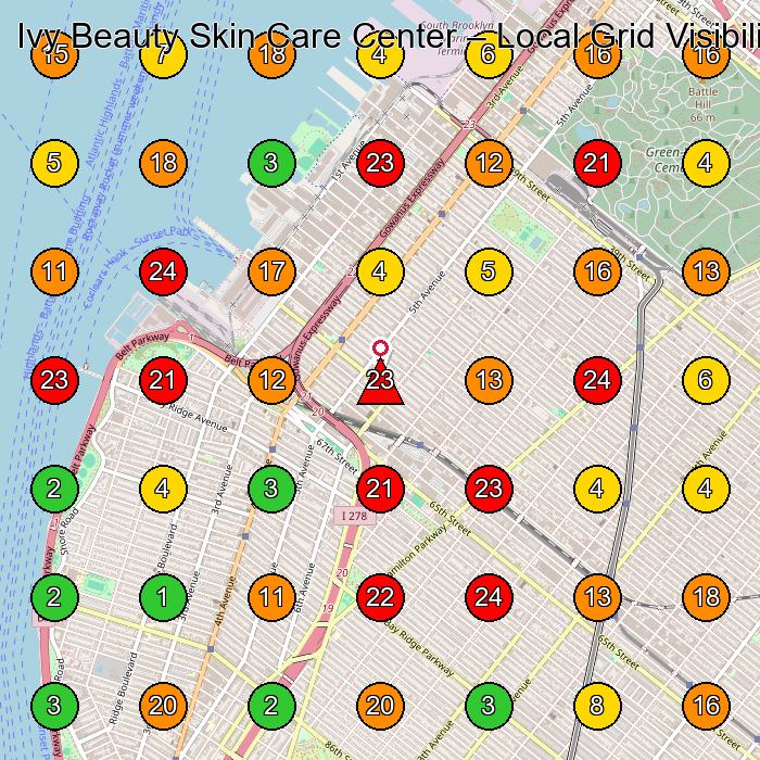 Ivy Beauty Skin Care Center Beauty Salon GeoGrid ranking map for Brooklyn NY